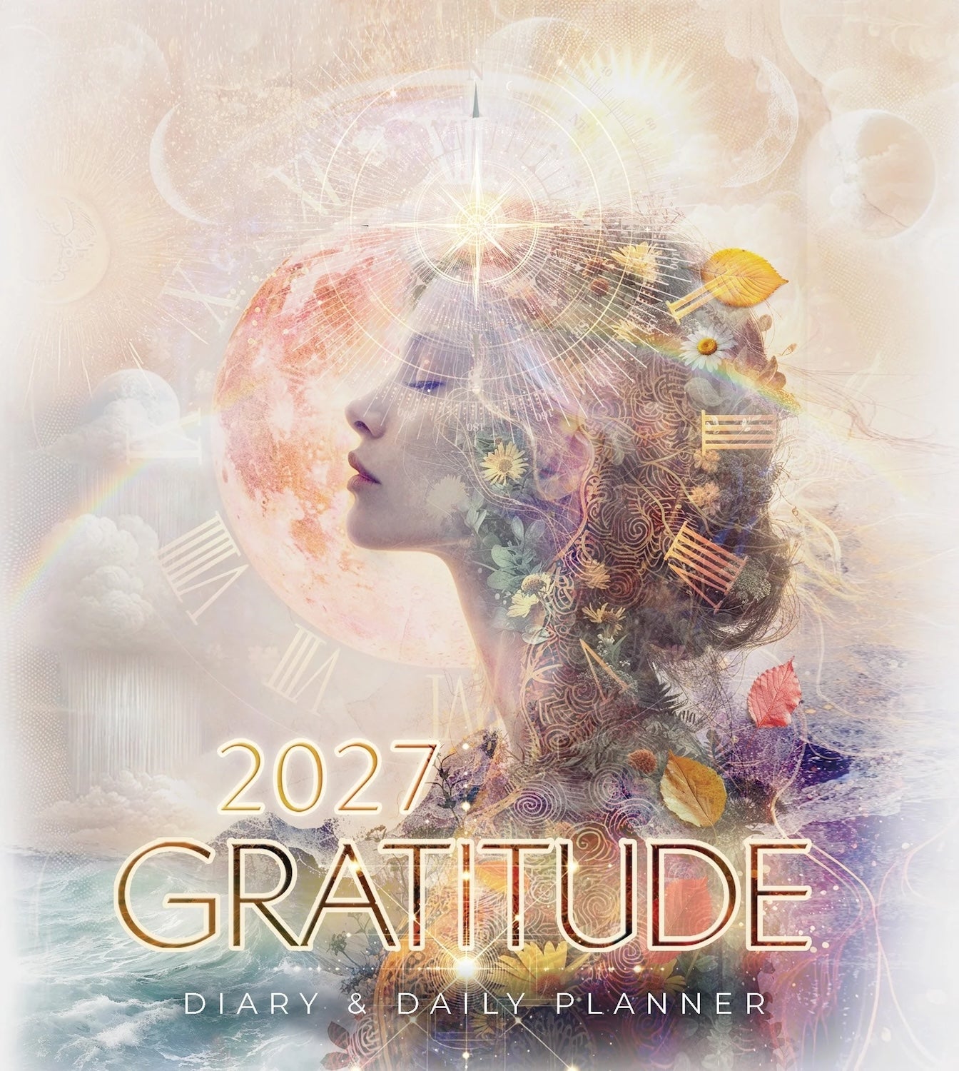 2027 Gratitude diary cover with a woman's face and celestial elements.