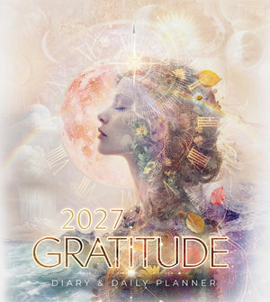2027 Gratitude diary cover with a woman's face and celestial elements.