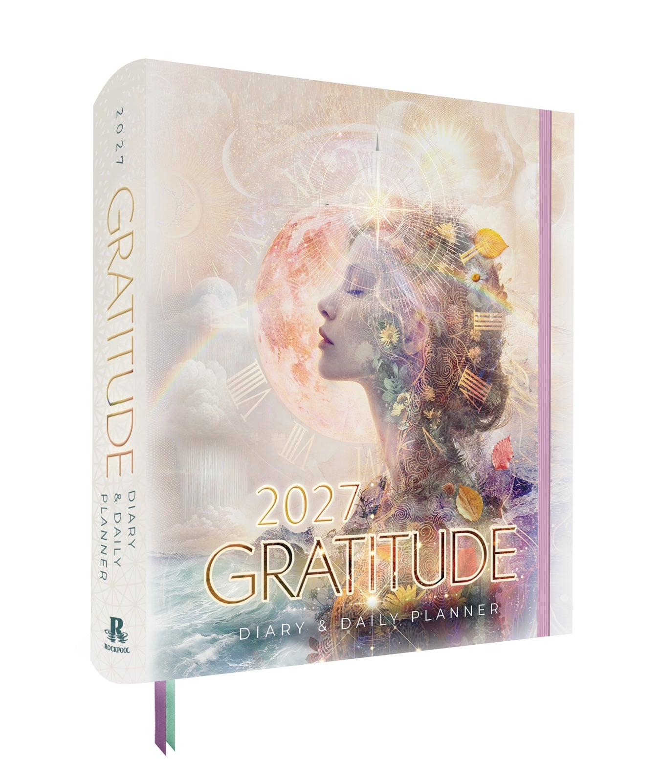 2027 Gratitude diary cover with a woman's face and celestial elements.