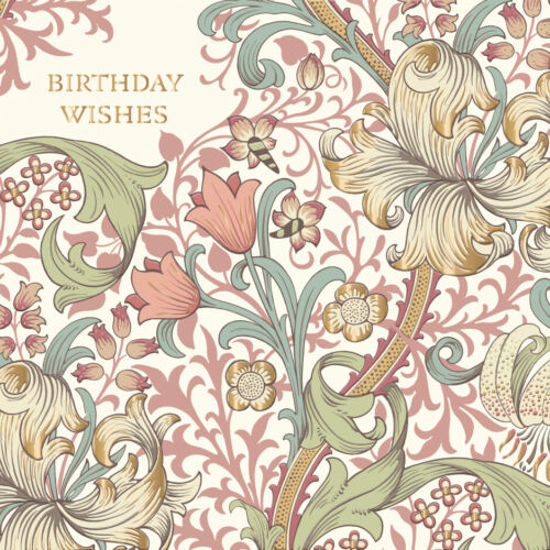 Greeting card finished in gold metallic foil and a pink and green floral design.