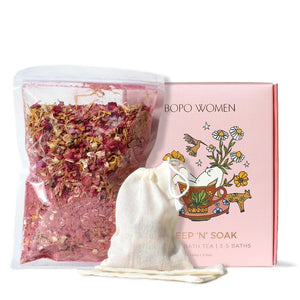 Steep 'n' soak blushing bath tea set with packaging on a white background