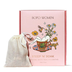 Steep 'N' Soak blushing bath teabag  packagingwith  drawstring bag on a white background