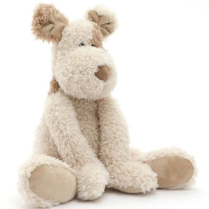 Buddy the Dog soft toy in plush fabric. Buddy is wearing a neck bandana embroidered with his name.