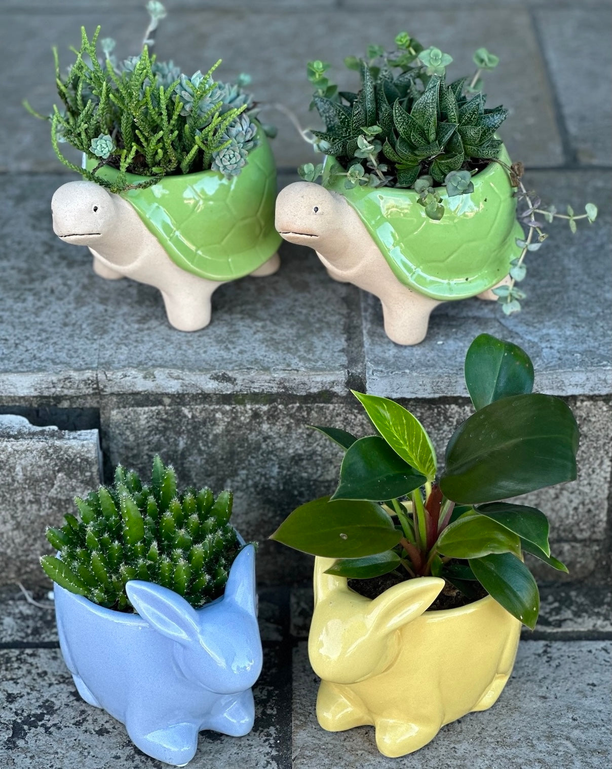 Ceramic planters in a bunny or turtle shape.