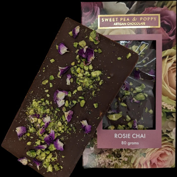 Artisan milk chocolate, chai tea, pistachio and rose petals.