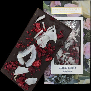 Handmade artisan dark chocolate with coconut and berries.