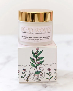 Jar of Empower gentle hydrating moisturiser with decorative packaging on a white background