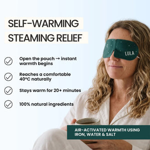 Woman wearing a green sleep mask, holding a mug, against a light blue background with listed features and benefits of self-warming eye masks.