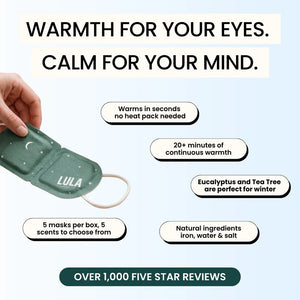 Text with Features and benefits of a Eucalyptus eye mask.