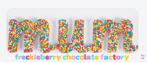 Belgian chocolate freckle in the shape of the word mum.
