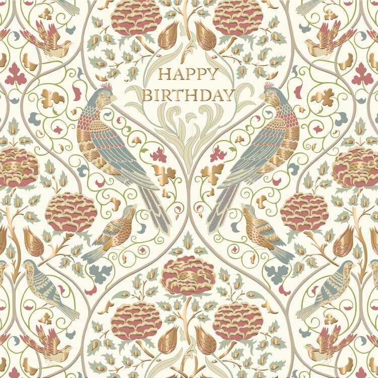 Happy birthday Greeting card finished in gold foil with a peacock design.