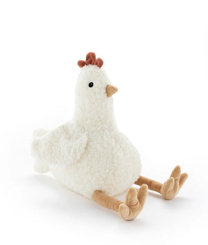 Plush soft toy chicken on a white background
