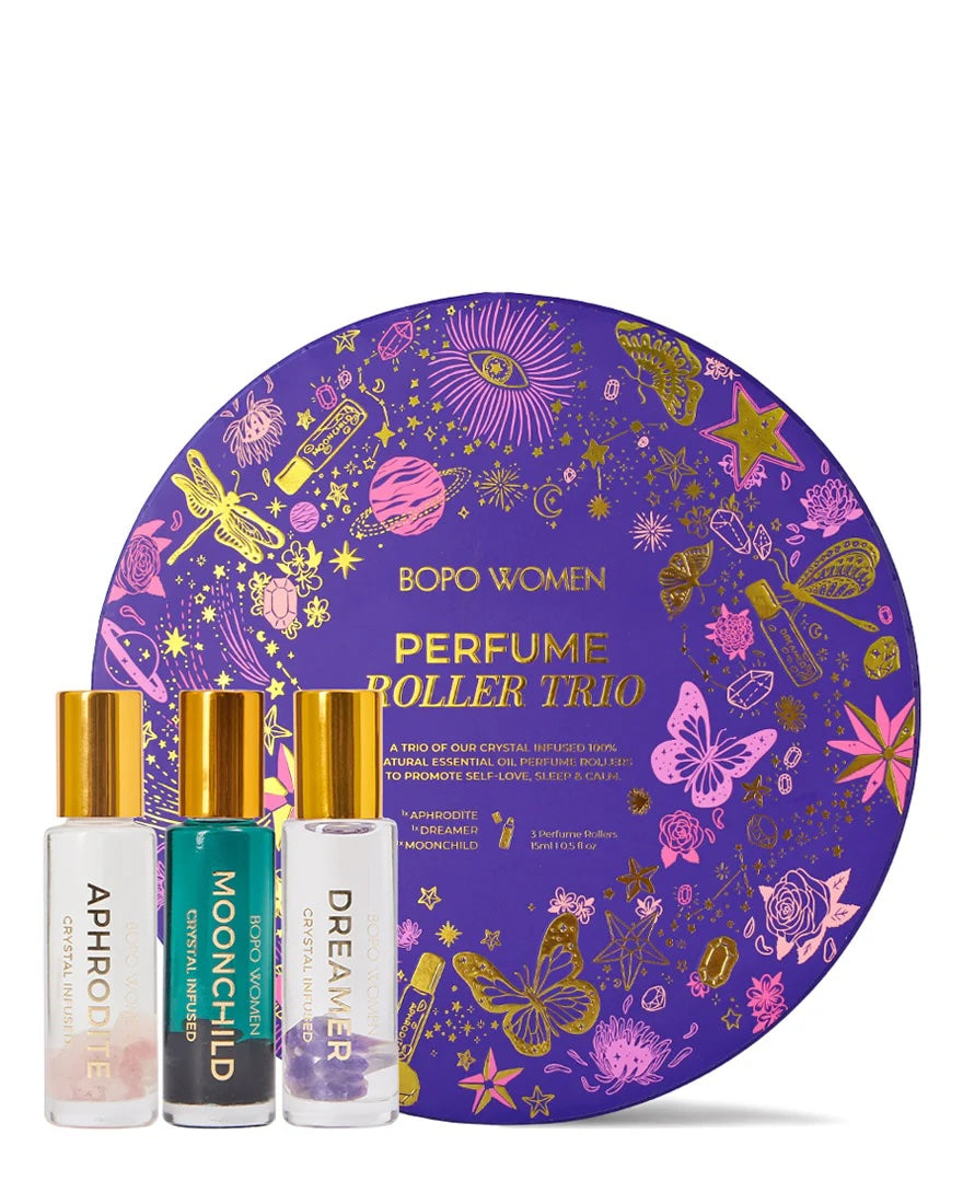 Three crystal infused essential oil perfume rollers, packaged in a beautiful gift box. A light perfume alternative with 100% natural and pure essential oils.
