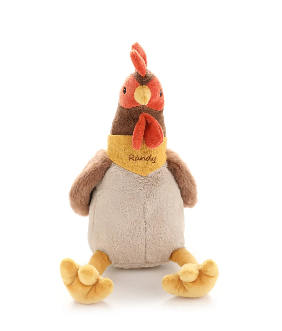 Soft toy in the shape of a Rooster with beige, brown, red and gold soft, plush fabric.