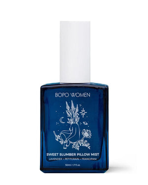 Blue bottle of Bopo Women Sweet Slumber Pillow Mist on a white background