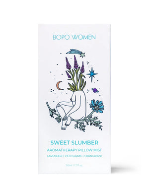 Bopo Women Sweet Slumber aromatherapy pillow mist packaging with illustrations on a white background