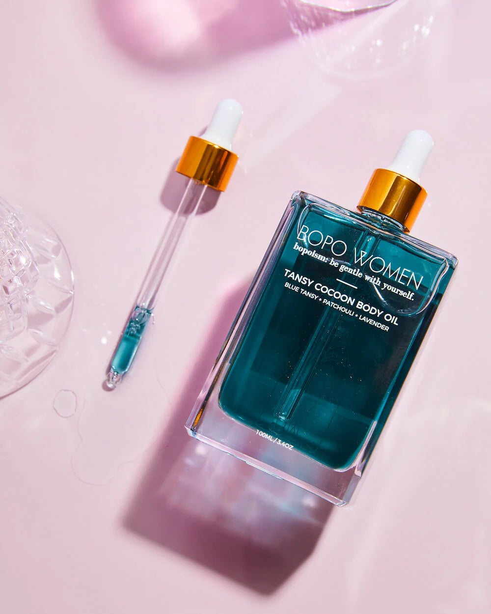 Body oil with a blend of Blue Tansy, lavender, mandarin, patchouli, coconut oil and sweet almond oil.