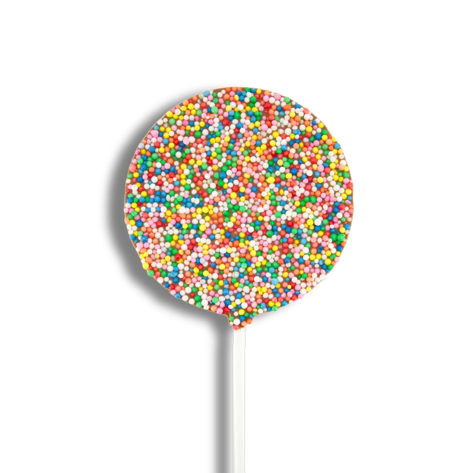 Milk chocolate round freckle lollipops.