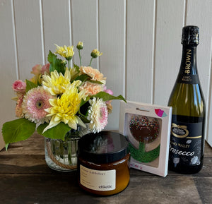 Mother's Day Hamper with Flowers, Candle, Chocolate & Bottle of Sparkling