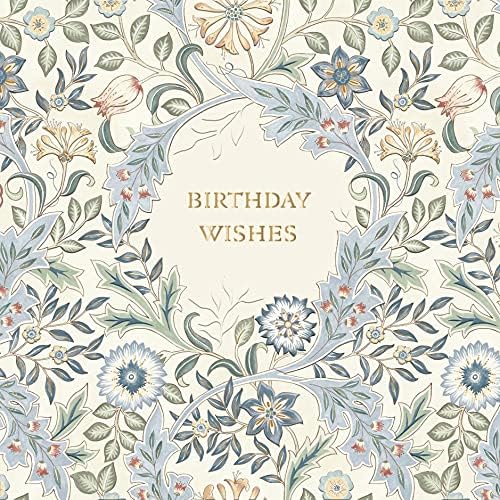 Birthday greeting card finished in gold metallic foil with a floral design in pastel blues and greens.