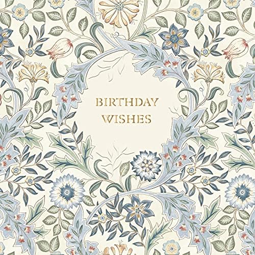 Birthday greeting card finished in gold metallic foil with a floral design in pastel blues and greens.