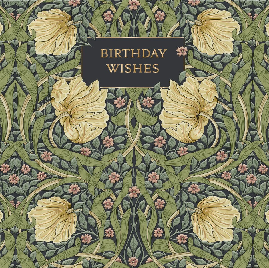 Greeting card with birthday wishes finished in gold metallic foil with yellow flowers.