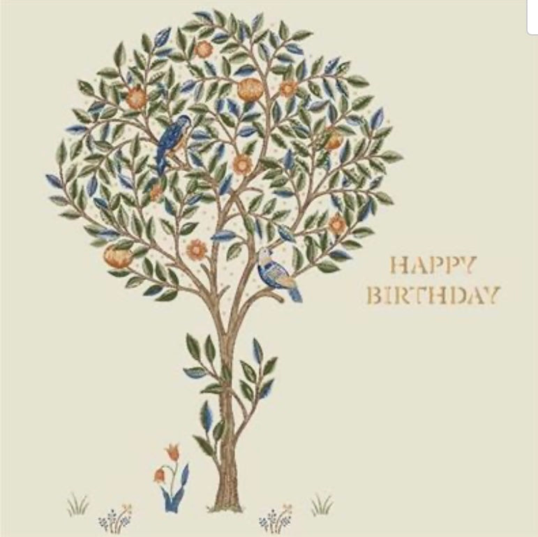 Happy Birthday greeting card finished in gold metallic foil with a tree design filled with birds and blooms. 