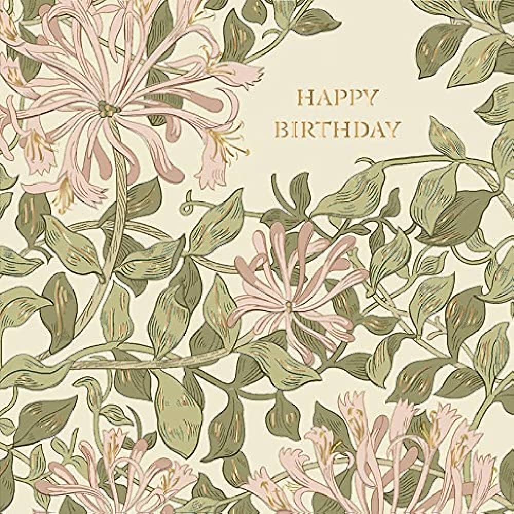 Greeting card with happy birthday and a pink and green floral design.