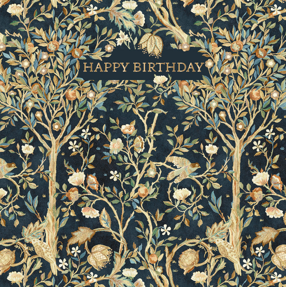 greeting card with happy birthday text on a navy and gold tree design.
