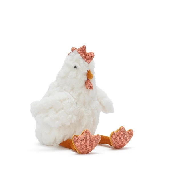 Soft toy rattle in the shape of a chicken.